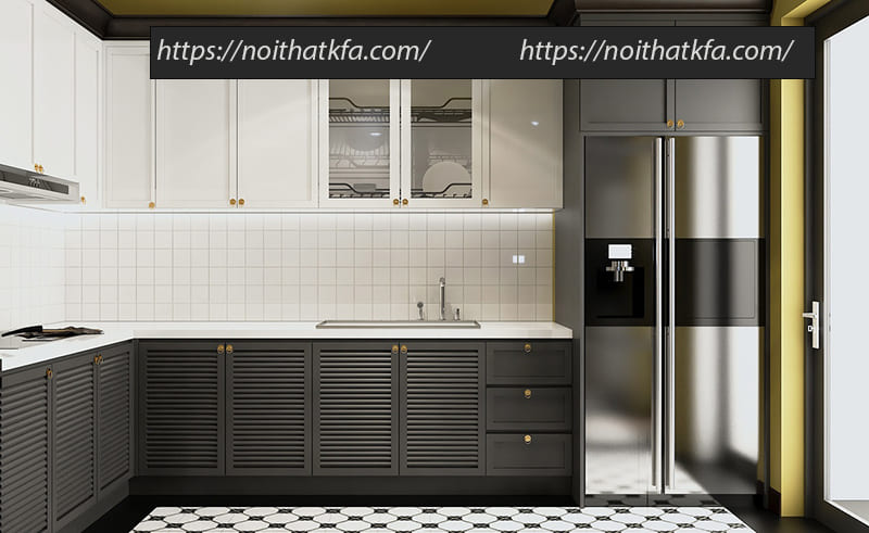 Không gian bếp được thiết kế đơn giản với tủ bếp chữ L