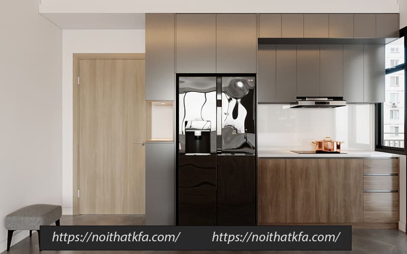 Phòng bếp được thiết kế đơn giản với những gam màu trung tính