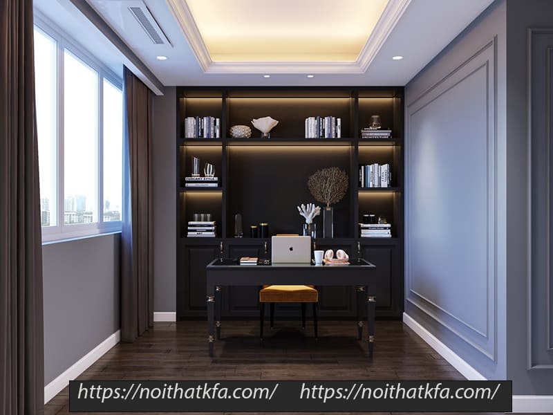 Phòng làm việc được bố trí nội thất đơn giản chỉ với 1 chiếc bàn và một hệ tủ âm tường