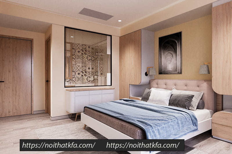 Những gam màu trang nhã kết hợp với sàn gỗ tạo cảm giác ấm áp, thư thái cho phòng ngủ