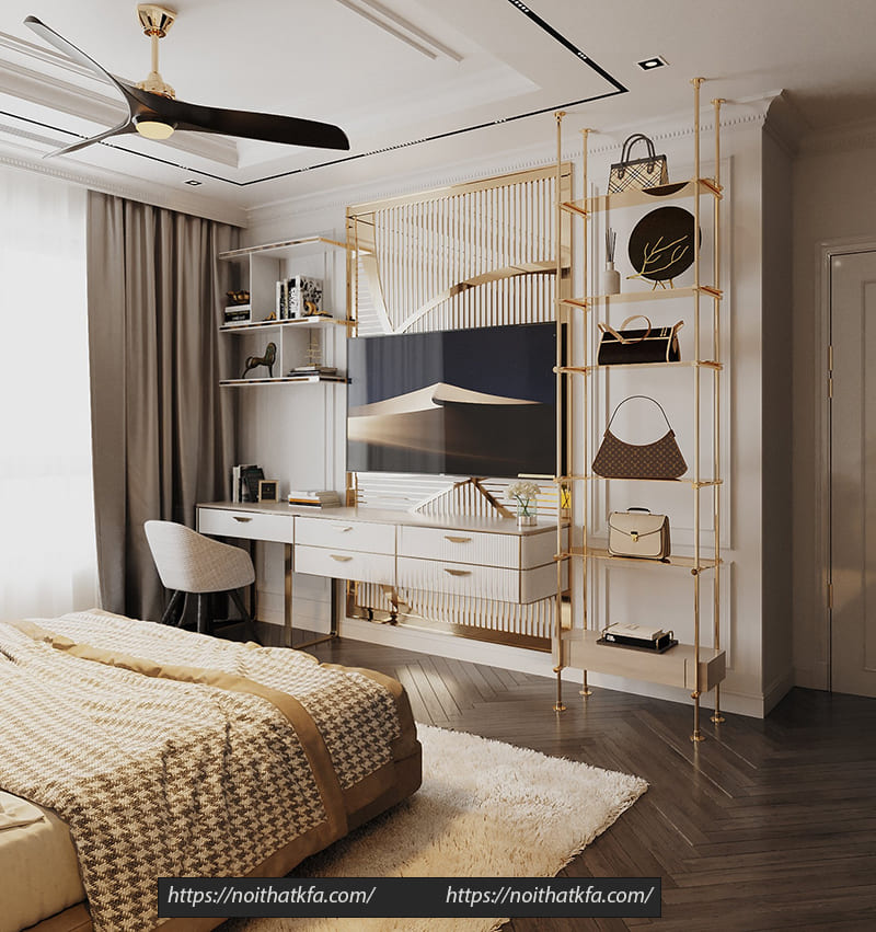 Ngoài đồ nội thất hiện đại kiểu dáng đơn giản, thanh lịch KTS còn nhấn nhá thêm chi tiết mạ vàng