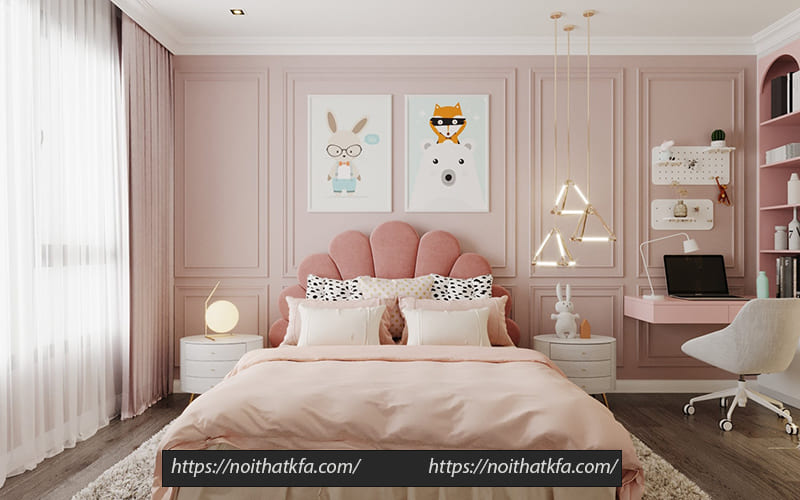 Thiết kế nội thất phòng sử dụng hai gam màu chủ đạo trắng và hồng pastel