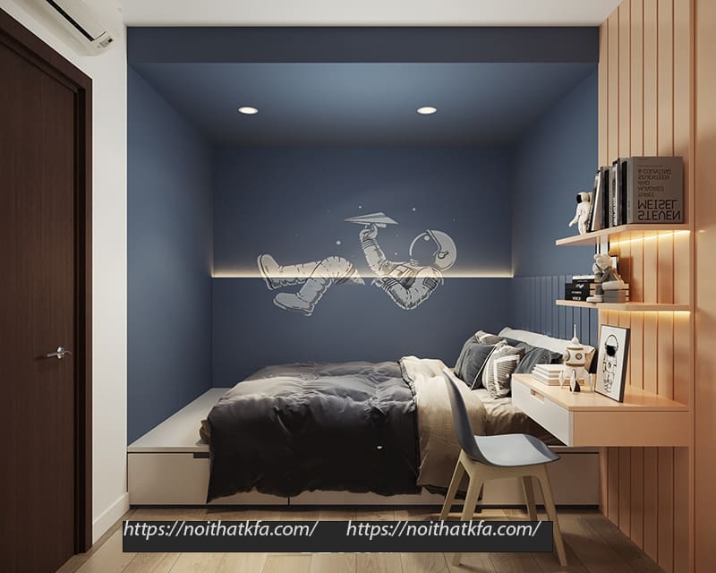 Phòng ngủ bé trai được thiết kế theo chủ đề vũ trụ với sắc xanh coban chủ đạo