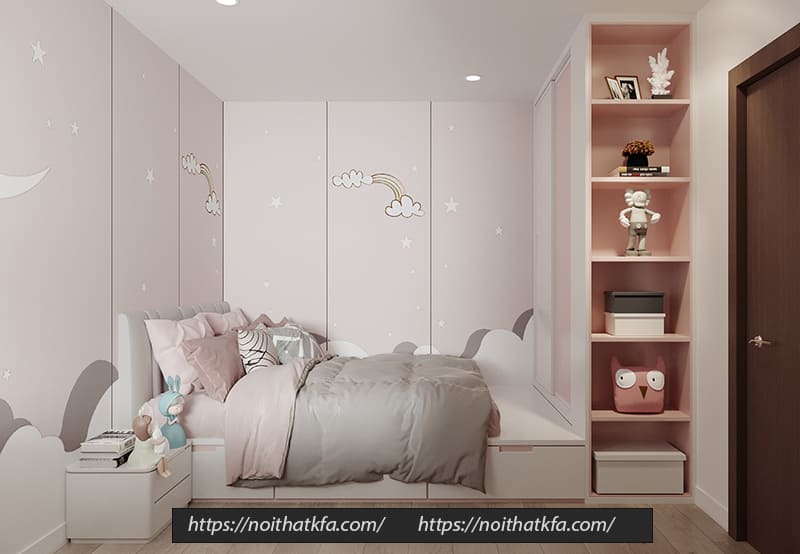 KFA đã chọn lựa ứng dụng giấy dán tường họa tiết dễ thương để trang trí cho không gian phòng ngủ thêm phần ấn tượng