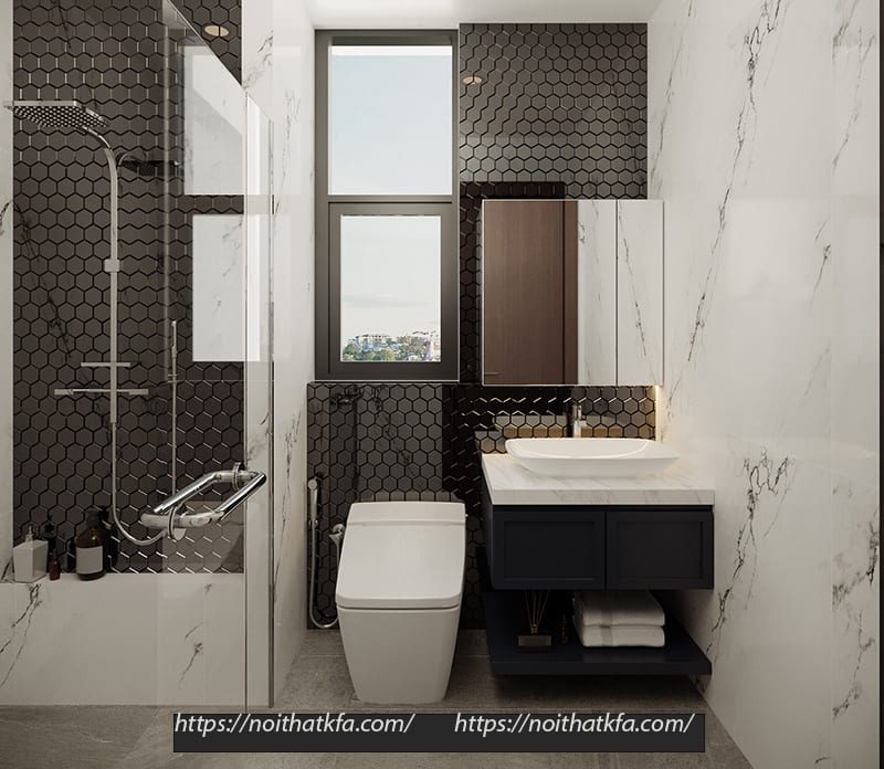 Thiết kế khu vực nhà vệ sinh ghi điểm ấn tượng với cặp màu tương phản trắng - đen