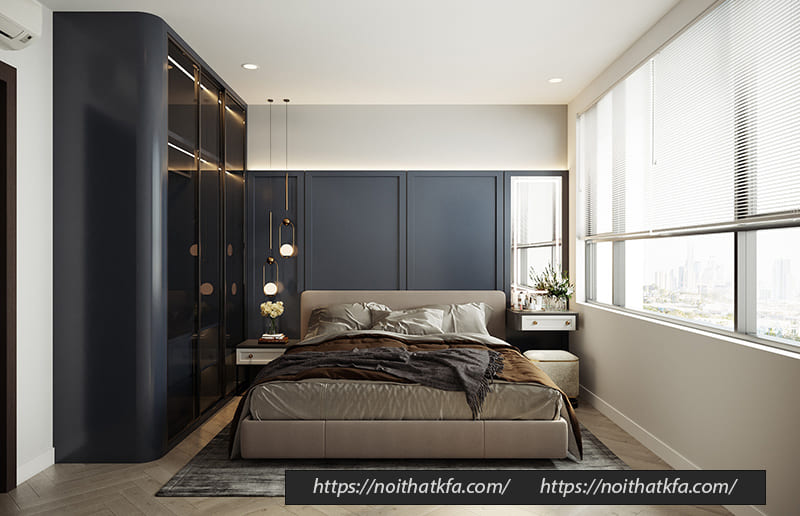 Không gian phòng ngủ bố mẹ gợi ấn tượng và cảm xúc cho người nhìn bởi sắc xanh coban nhẹ nhàng