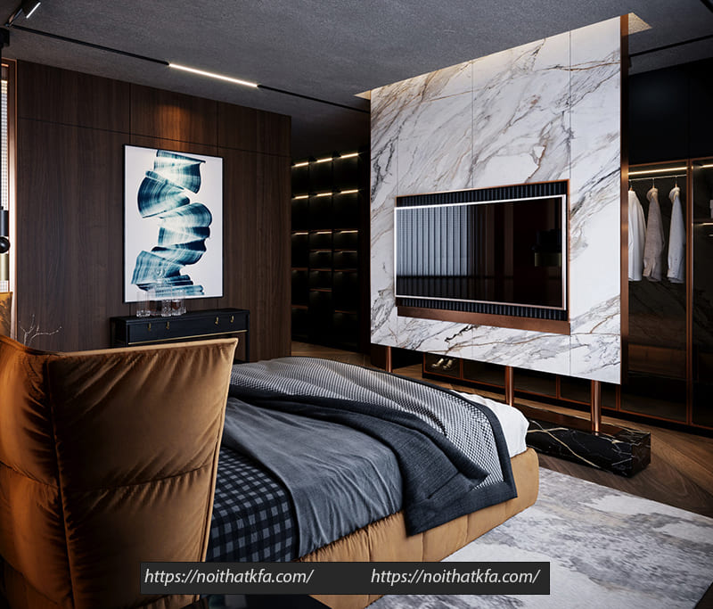 Vẻ đẹp của không gian phòng ngủ master đến từ sự phối trộn hài hòa giữa chất liệu, màu sắc và kiểu dáng của từng món đồ nội thất