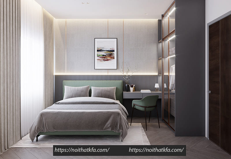 Phòng ngủ mang đến sự tươi mát và bình yên với tone xanh pastel nhẹ nhàng