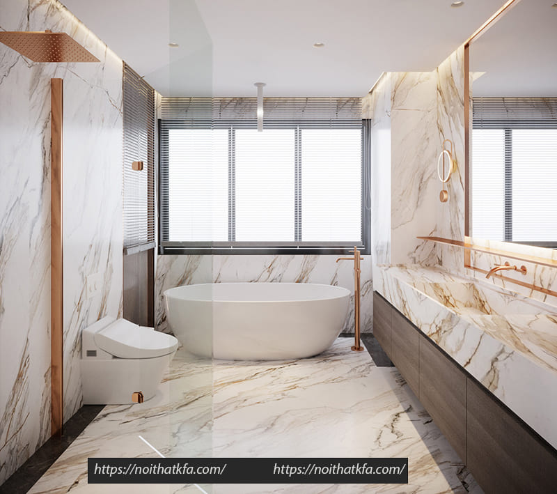 Toàn bộ phòng tắm được ốp đá marble sang trọng