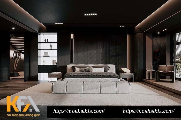 Phòng ngủ master hướng đến một không gian nghỉ ngơi hiện đại, đơn giản và thông thoáng