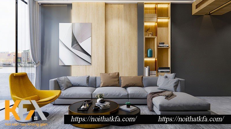 Tổng thế bố cục phòng khách được thiết kế theo xu hướng hiện đại với nội thất đơn giản