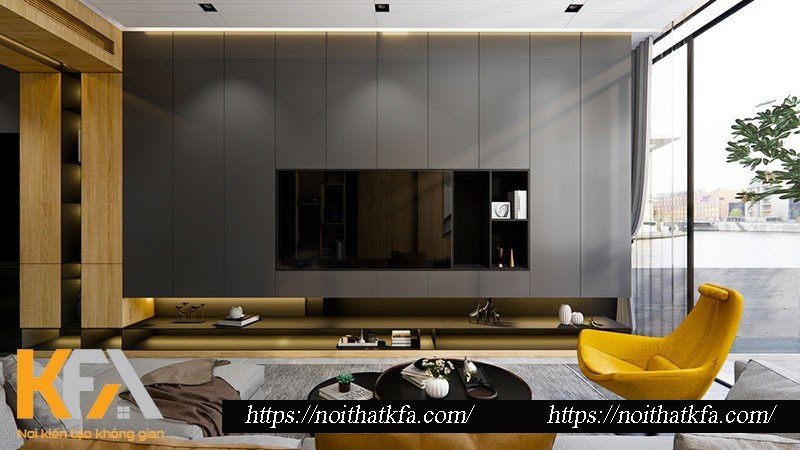 2 tone màu vàng - xám được kết hợp tạo nên phòng khách hài hòa, hiện đại