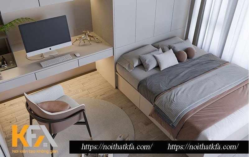Phòng ngủ nhỏ cũng được thiết kế tiếp nối tinh thần chủ đạo của cả ngôi nhà với những tone màu trung tính