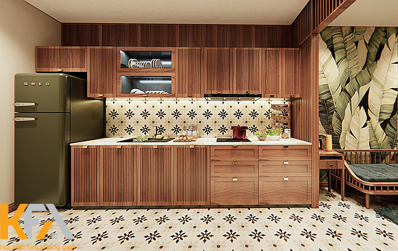 Phòng bếp được thiết kế dạng không gian mở với tủ bếp chữ I gọn gàng