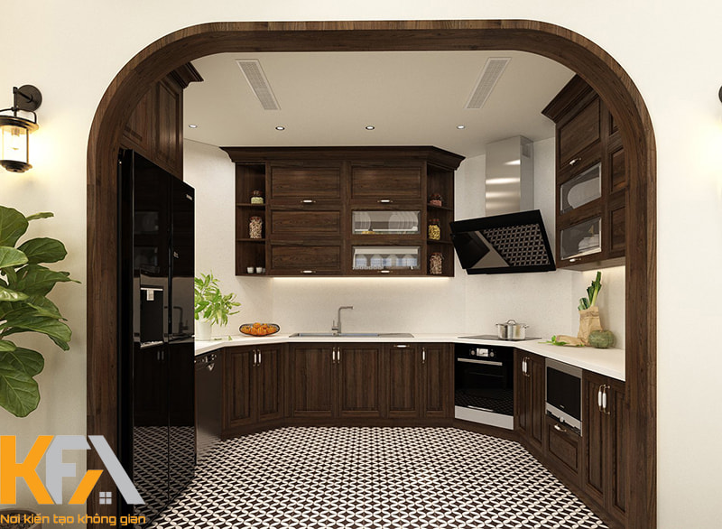 Phòng bếp Indochine trong mẫu biệt thự này được thiết kế nửa kín nửa mở