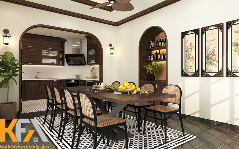 Hệ cửa vòm đặc trưng nối liền phòng bếp với khu vực bàn ăn