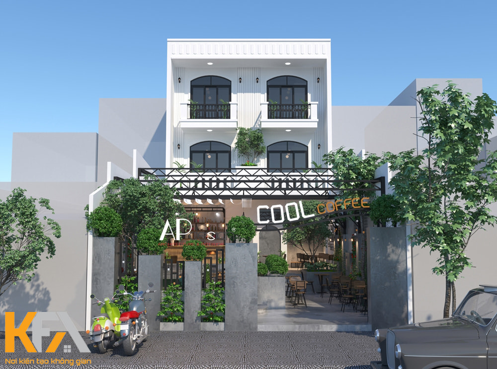Thiết kế quán cafe 2 tầng phong cách Bắc Âu với màu trắng chủ đạo