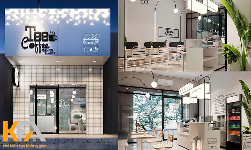 Tổng quan thiết kế ngoại thất và nội thất của quán cafe 40m2 với màu trắng chủ đạo