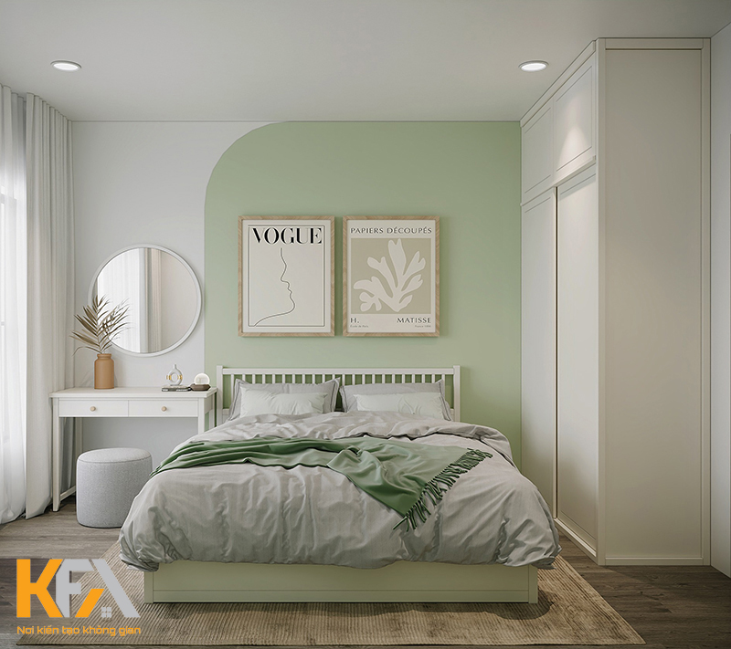 Phòng ngủ chính của căn hộ chung cư 41m2 là "bản hòa tấu" tuyệt đẹp giữa 2 gam màu trắng và xanh lá