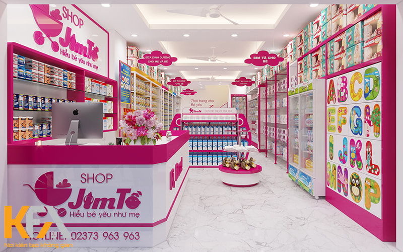 Mẫu thiết kế cửa hàng bỉm sữa màu hồng cực ấn tượng