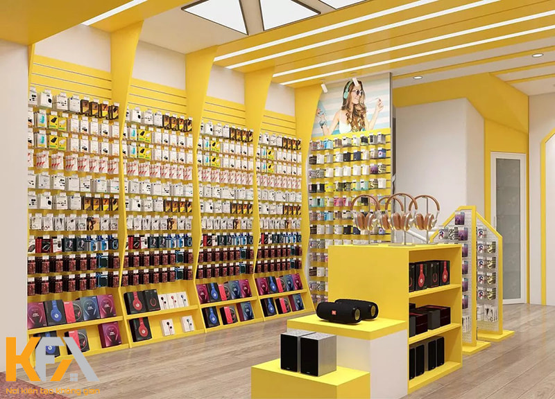 Mẫu thiết kế cửa hàng phụ kiện điện thoại màu vàng