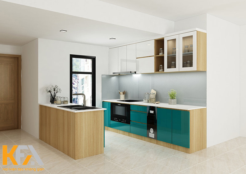 Tủ bếp đơn giản được kết hợp chất liệu gỗ và kính
