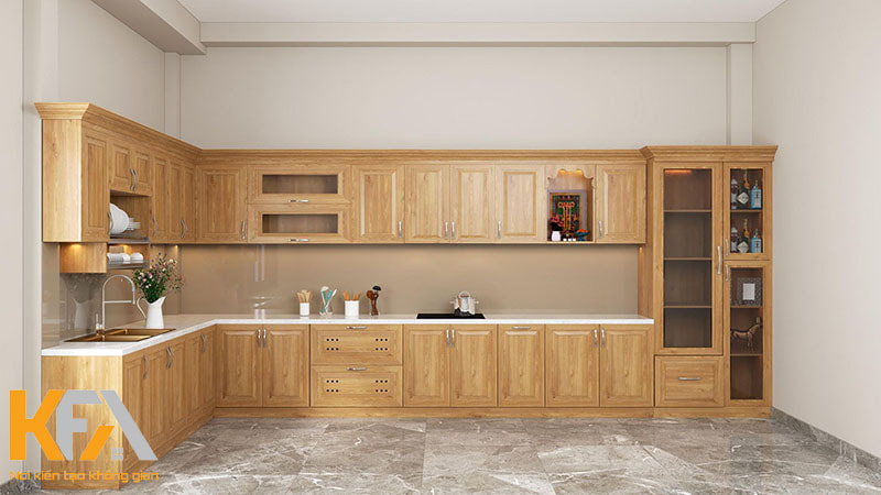 Tủ bếp chữ L được cấu thành từ 2 hệ tủ bếp riêng biệt, kết hợp với nhau và tạo thành một góc 90 độ