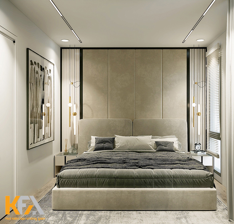 Phòng ngủ master được thiết kế đơn giản với điểm nhấn là vách đầu giường