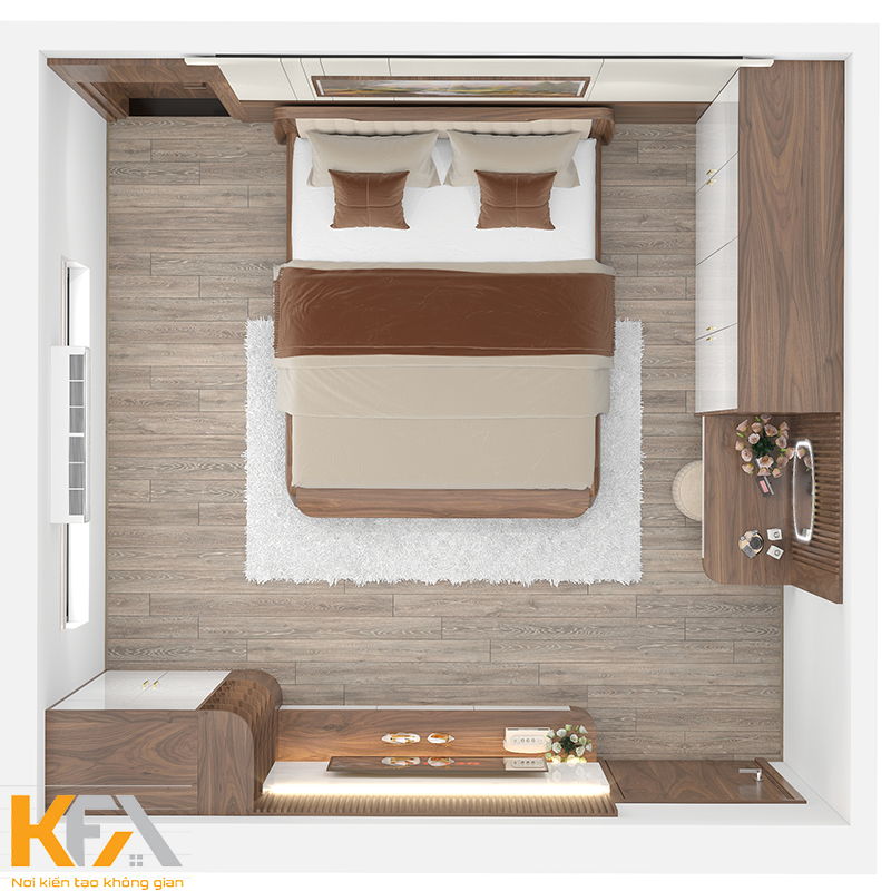 Tổng quan thiết kế mặt bằng không gian phòng ngủ hiện đại gỗ Óc chó của gia đình chị Hoài