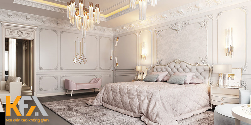 Mẫu thiết kế phòng ngủ master tân cổ điển nhẹ nhàng, tinh tế với gam màu hồng pastel