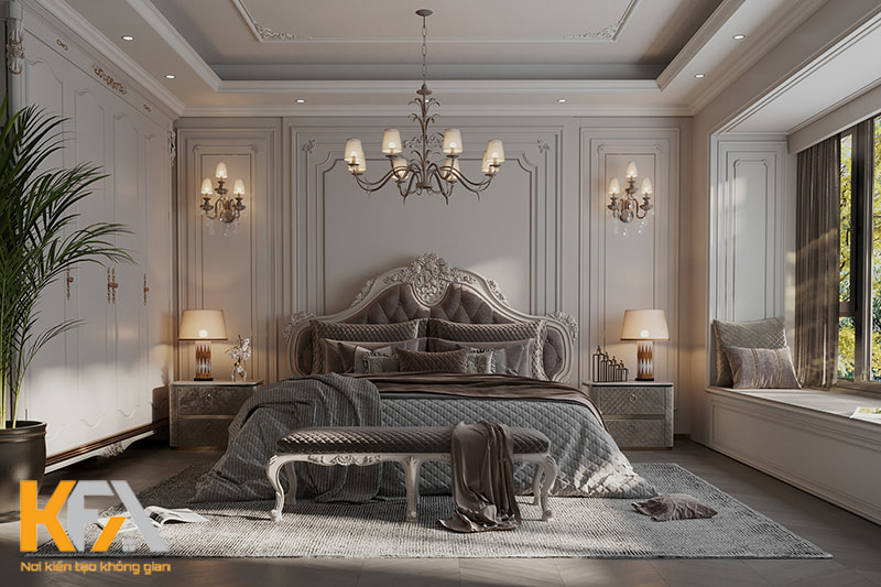 Thiết kế phòng ngủ master phong cách tân cổ điển với mẫu giường hoàng gia