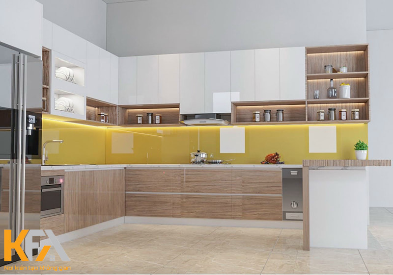 Kết hợp với gạch ốp bếp màu vàng để tạo cảm giác mới mẻ hơn cho không gian nấu nướng