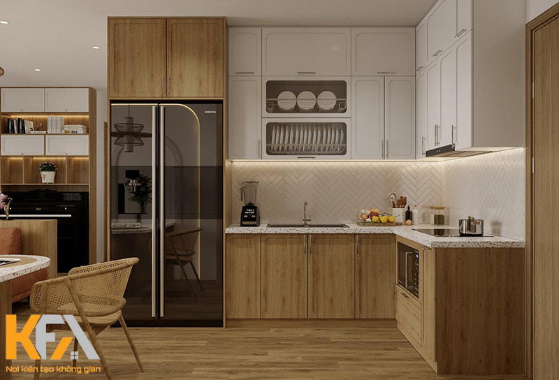 Mẫu tủ bếp gỗ công nghiệp hiện đại, tích hợp nhiều phụ kiện thông minh cho nhà chung cư