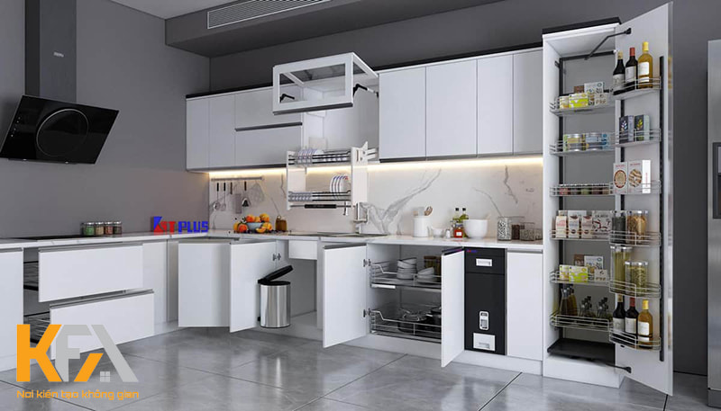 Mẫu tủ bếp đa năng màu trắng cho phòng bếp phong cách hiện đại