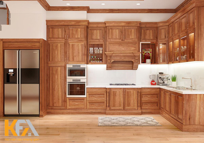 Màu sắc nổi bật của gỗ Gõ khiến bừng sáng cả một căn bếp