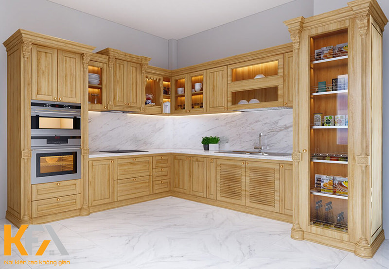 Thiết kế tủ bếp gỗ Sồi Nga kết hợp với kính cường lực