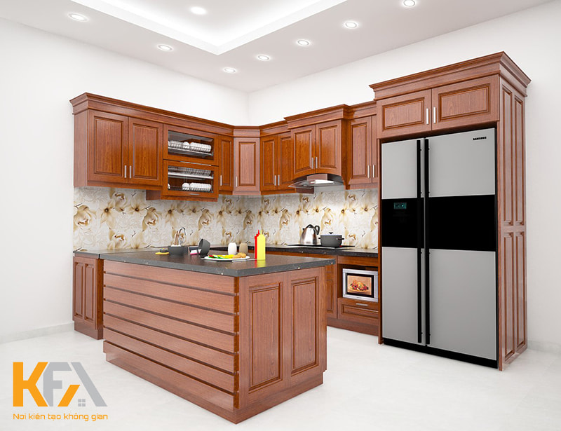 Thiết kế nội thất phòng bếp với tủ bếp góc chéo kết hợp bàn đảo gỗ