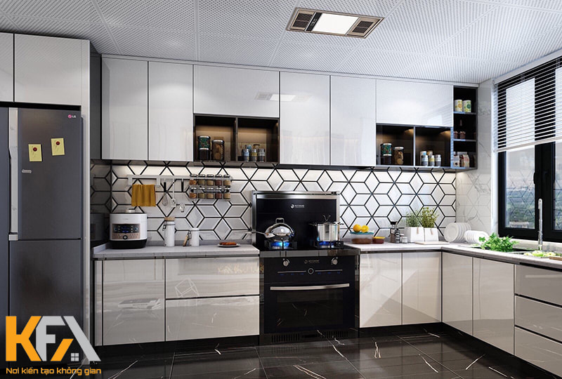 Thiết kế tủ bếp Inox cánh kính cường lực cho căn hộ chung cư