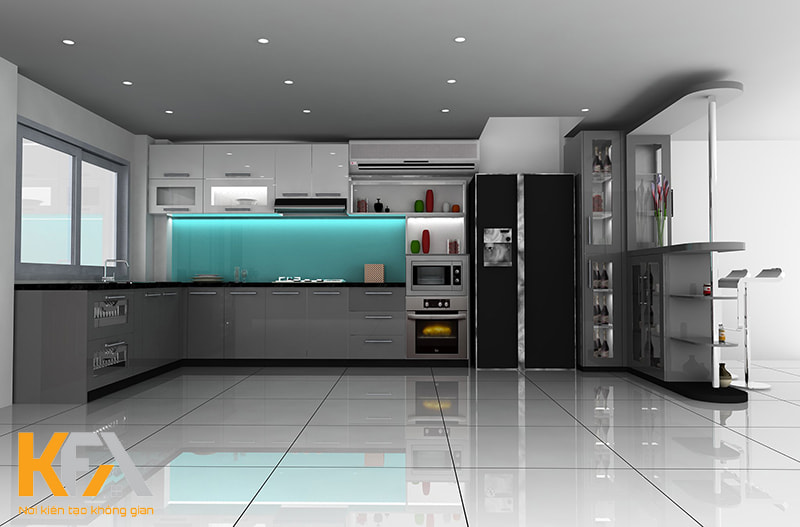 Mẫu tủ bếp Acrylic bóng gương màu xám - trắng đẹp