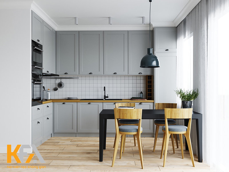 Mẫu tủ bếp màu ghi nhạt phong cách công nghiệp hiện đại cho phòng bếp nhỏ