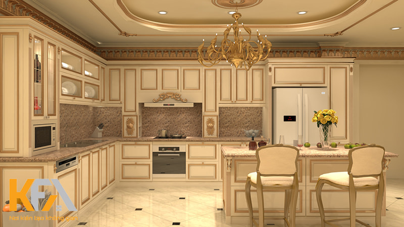 Tủ bếp màu trắng kem được ưa chuộng nhất trong các thiết kế tân cổ điển