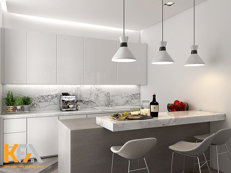 Tủ bếp màu trắng sứ thuộc tone màu sáng, phù hợp với những không gian bếp nhỏ hoặc bếp hiện đại