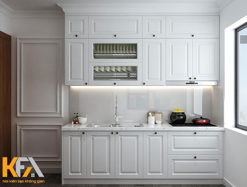 Tủ bếp tân cổ điển màu trắng đầy tinh tế và được tối giản hóa