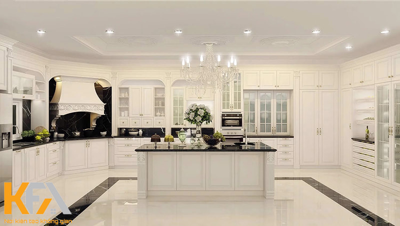 Tủ bếp kết hợp bàn đảo màu trắng cho phòng bếp biệt thự