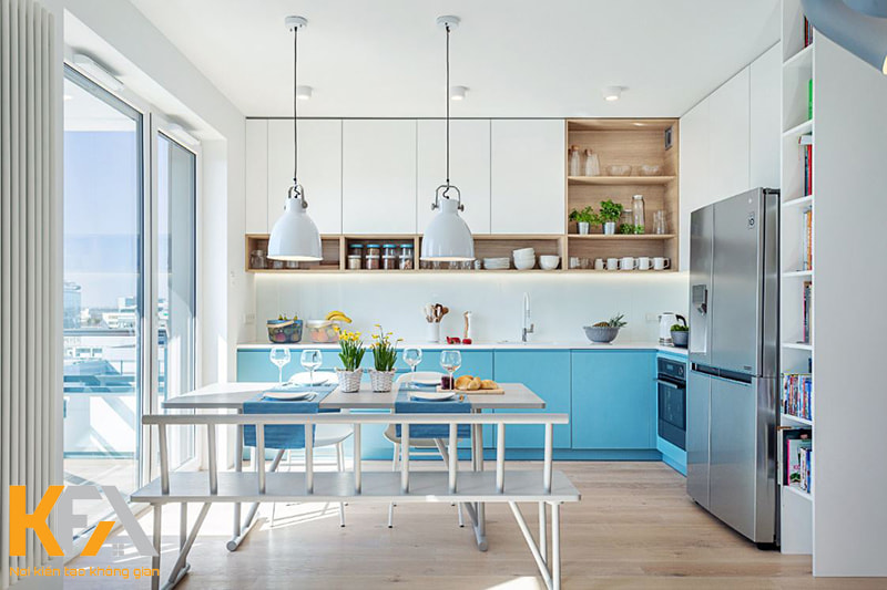 Tủ bếp dưới màu xanh dương