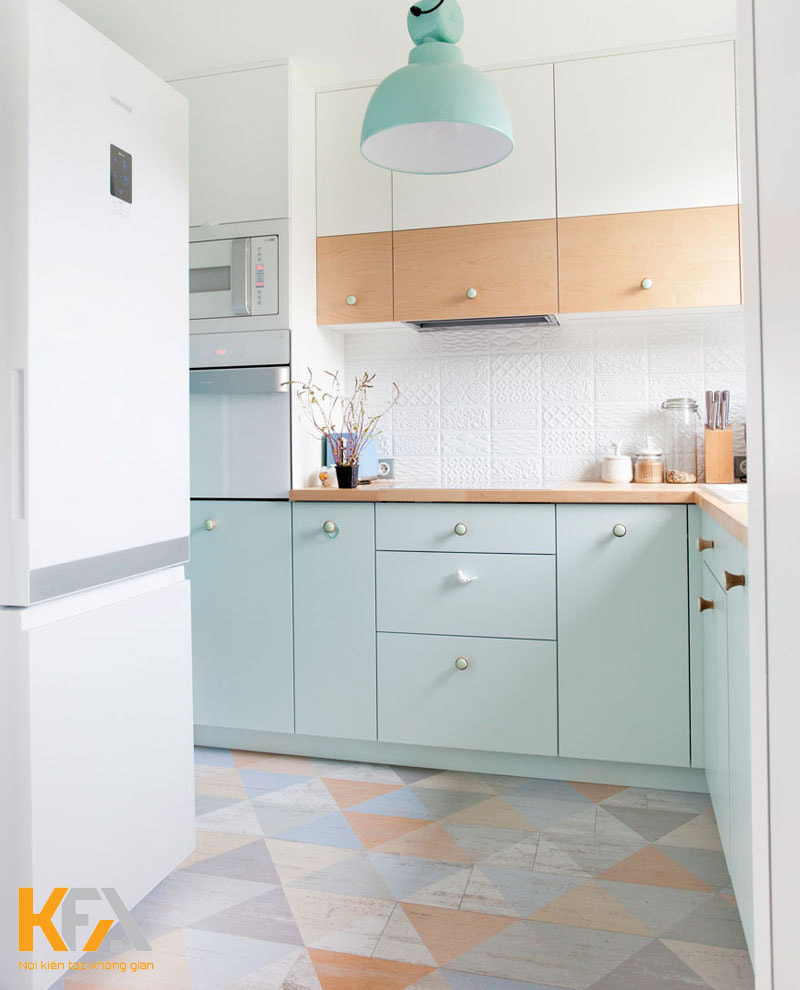 Tủ bếp nhỏ màu xanh pastel hiện đại