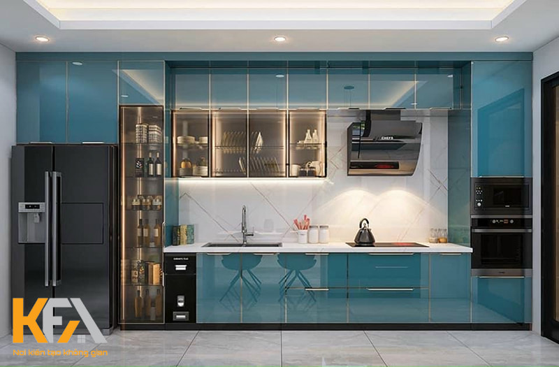 Tủ bếp màu xanh dương cánh phủ Acrylic bóng gương đẹp