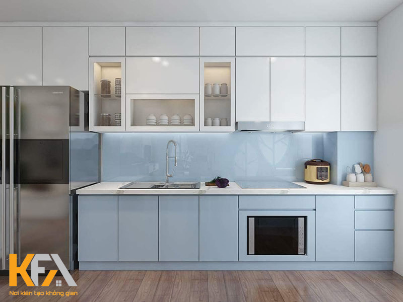 Tủ bếp màu xanh pastel kết hợp màu trắng
