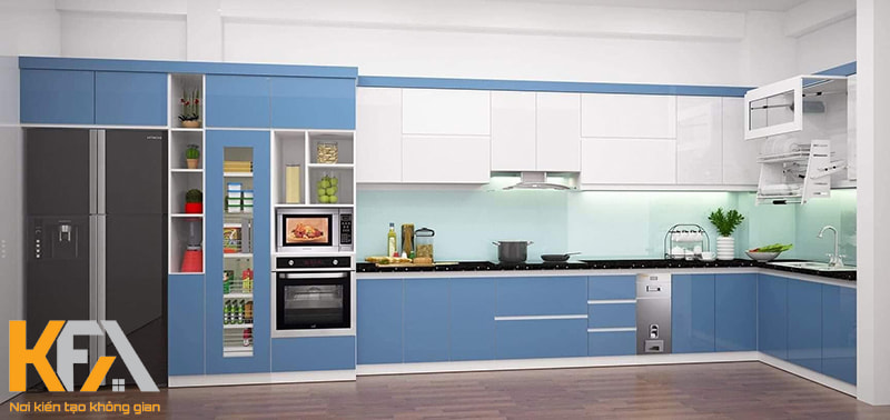 Mẫu tủ bếp màu xanh dương chữ L hiện đại