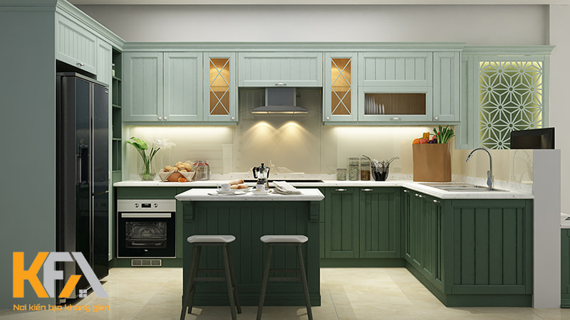 Sự kết hợp hoàn hảo giữa tủ bếp dưới màu xanh lá và tủ bếp trên màu xanh dương nhạt Sự kết hợp hoàn hảo giữa tủ bếp dưới màu xanh lá và tủ bếp trên màu xanh dương nhạt 